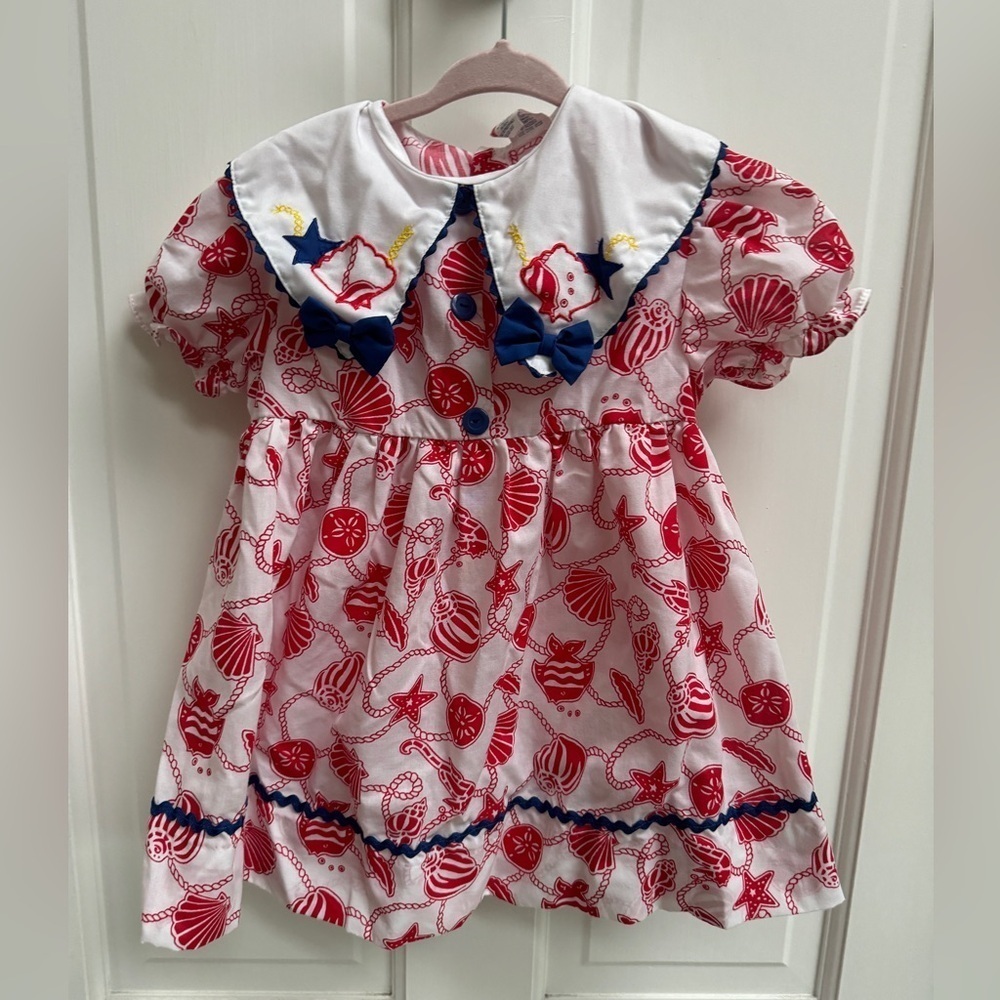 NWOT Vintage 3T Girls Red White Blue Collared Seashell Formal Short Sleeve Dress